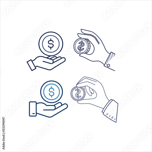 Line art of hands holding coins with dollar symbols on a white background