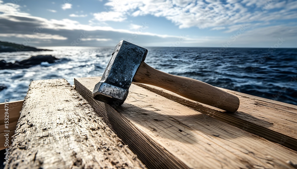 Fototapeta premium Hammer resting on weathered wooden planks by the ocean.