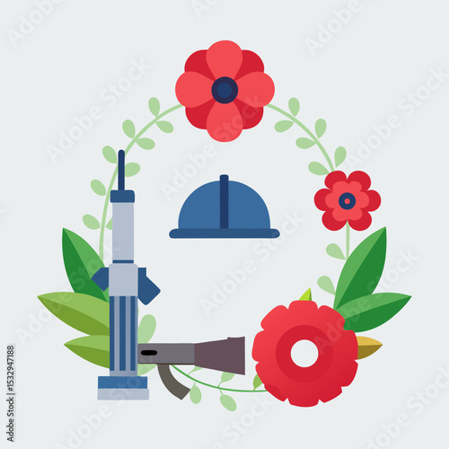 Remembrance Day Memorial Vector with Poppy and Wreath on White Background