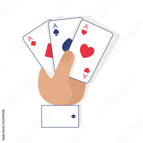 Hand holding playing cards. Three aces card, diamonds, spades, hearts. Lucky combination in hand of poker casino player. Sketch vector illustration
