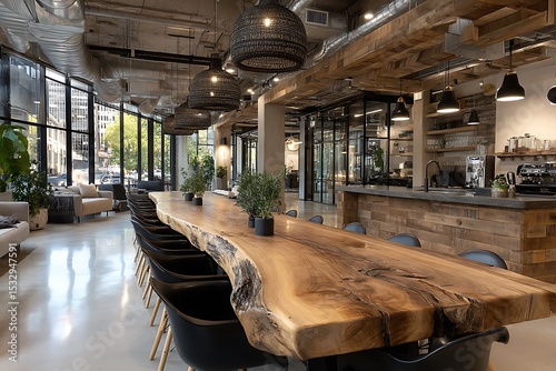 A long, rustic wooden table sits in the center of an open-plan office space with modern furniture and natural light.