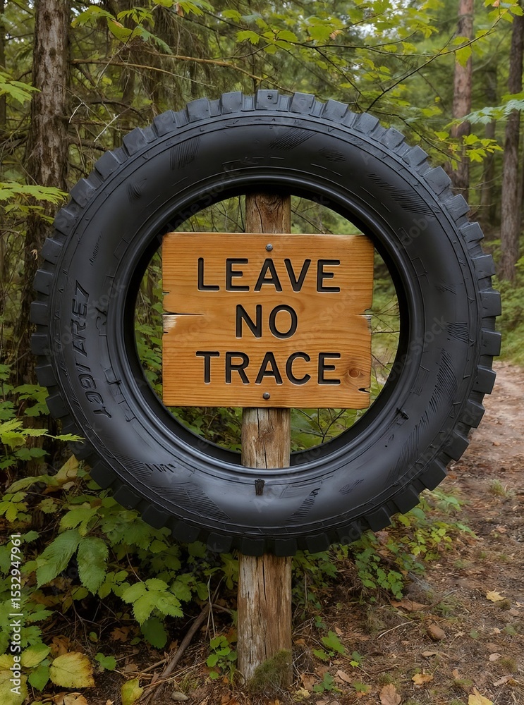 Obraz premium A wooden Leave No Trace sign mounted inside a black tire on a wooden post, surrounded by lush green foliage and a dirt path in a forested area.