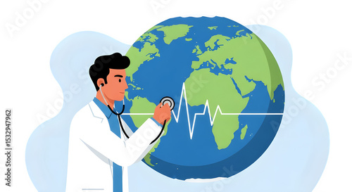 Global Health Concept - Doctor with Stethoscope Listening to Earth Globe's Heartbeat, World Health Day, Isolated on Transparent Background PNG