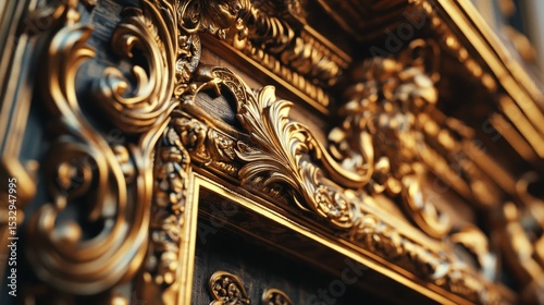 Ornate gold decorative molding with leaf and scroll details on a building.