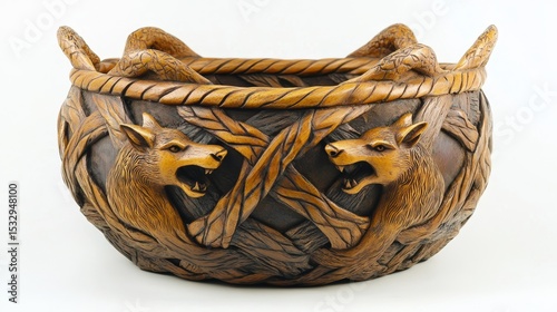 Carved wooden bowl with animal figures and rope detail on a white background.
