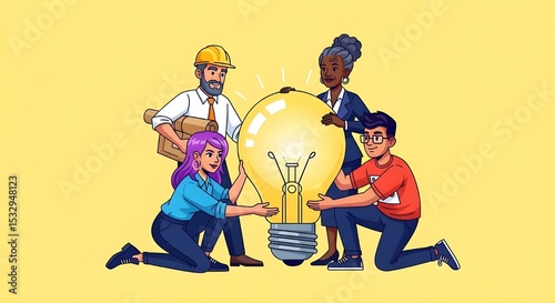 Team Collaboration and Brainstorming - Diverse Group of People Working Together on a Giant Lightbulb, Innovation and Teamwork Idea
