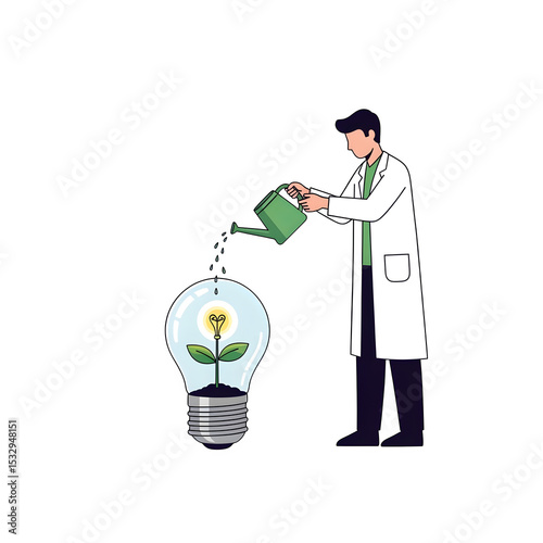 Nurturing Ideas Concept - Scientist in Lab Coat Watering a Plant Growing Inside a Lightbulb, Innovation and Development, Isolated PNG