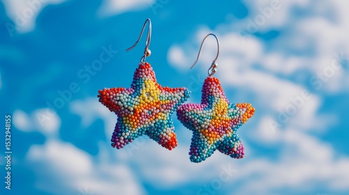 Two colorful starfish earrings hang against a blue sky with white clouds.