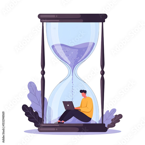 Time Management and Deadline Concept - Person with Laptop Inside a Giant Hourglass, Productivity and Urgency, Isolated on Transparent Background