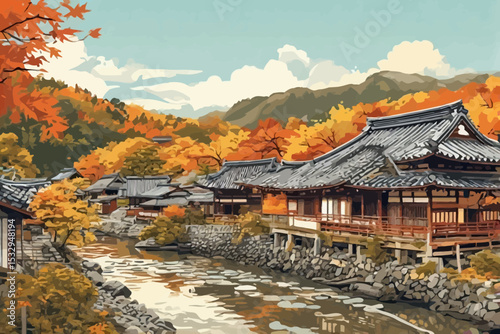 japanese garden in autumn vector