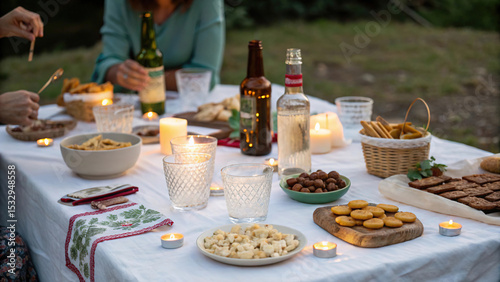 close-up of an outdoor dinner, a table covered with a white tablecloth, with various snacks, glasses, bottles and lit candles. The hands of people sitting at the table are visible.