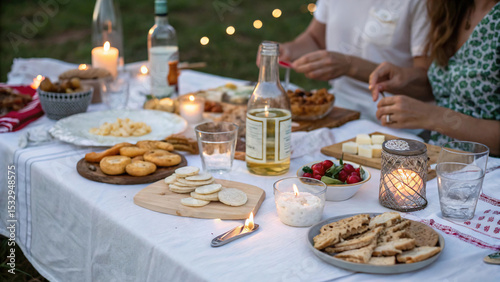 close-up of an outdoor dinner, a table covered with a white tablecloth, with various snacks, glasses, bottles and lit candles. The hands of people sitting at the table are visible.
