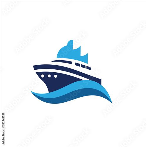 A stylized boat logo with blue waves on a white isolated background