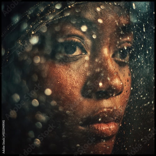 A striking portrait features an African woman with deep, expressive eyes reflecting emotions. Water droplets on glass create a dramatic backdrop, enhancing the atmosphere of contemplation