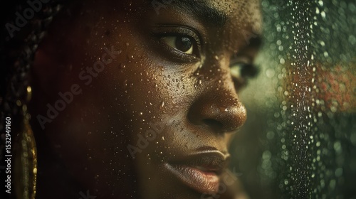 Woman with expressive features looks pensively through a rain-streaked window. The water droplets enhance the mood, emphasizing her introspection amidst a lively urban backdrop