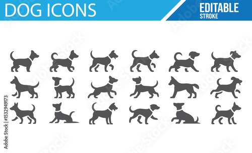 Collection of dog icons in minimalist style for pet illustrations and designs.