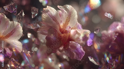 An orchid bursts open mid-air, revealing delicate petals in shades of pink and white, surrounded by sparkling crystal-like shards reflecting vibrant colors