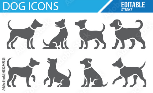 Collection of vector illustrations of dogs for pet-related branding and design.
