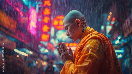 A monk in bright orange robes stands with hands clasped in prayer under pouring rain. The backdrop features colorful neon signs illuminating the rainy urban environment
