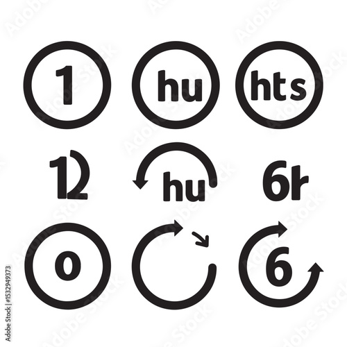 Collection of minimalist silhouette icons featuring numbers currency and directional arrows design elements