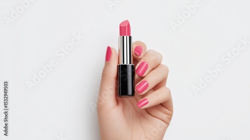 A hand with polished pink nails delicately holds a vibrant pink lipstick against a clean, minimalist background. The moment highlights beauty and personal care