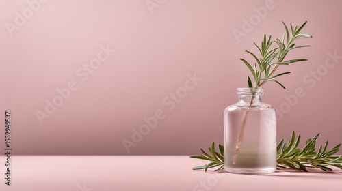 A glass bottle holds a fresh sprig of rosemary, set on a soft pink surface that enhances the natural beauty and fragrance of the herb, perfect for kitchen decor or culinary use