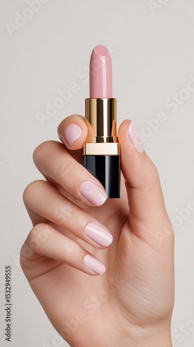 A hand adorned with light pink nail polish gracefully holds a pink lipstick tube against a simple, neutral background. This creates an elegant beauty aesthetic perfect for any makeup lover