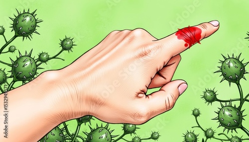 Hand with a bleeding cut pointing at germs on a green background  