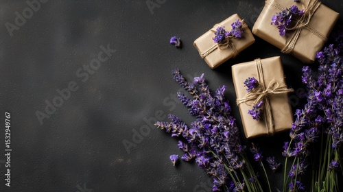 Fresh lavender flowers in purple hues are elegantly arranged beside kraft-wrapped gifts tied with twine, creating a charming display on a dark surface that evokes a sense of tranquility and beauty