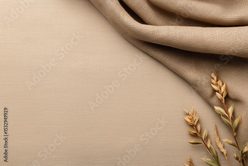 Soft fabric gracefully folds over a beige background, with delicate natural elements positioned nearby, creating an aesthetic composition that highlights simplicity and elegance