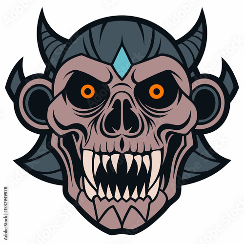 Demonic Gorilla Skull with Horns and Tribal Scars