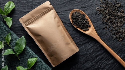 A kraft paper bag sits alongside a wooden spoon filled with loose black tea leaves. Fresh green tea leaves are placed on a textured surface, enhancing the natural aesthetic