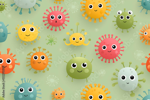 Colorful cartoon microbes with smiling faces on a light green background in a seamless playful pattern