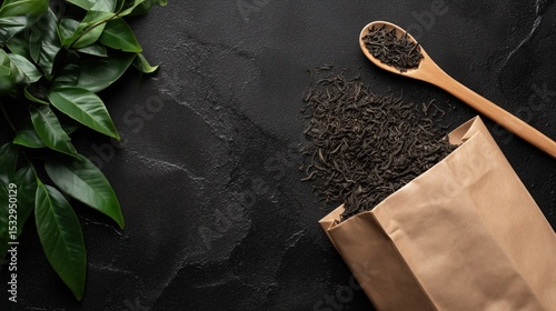 A kraft paper bag is open, showcasing black tea leaves spilling out next to a wooden spoon. Fresh green tea leaves add a touch of nature to the dark stone surface, creating a cozy atmosphere