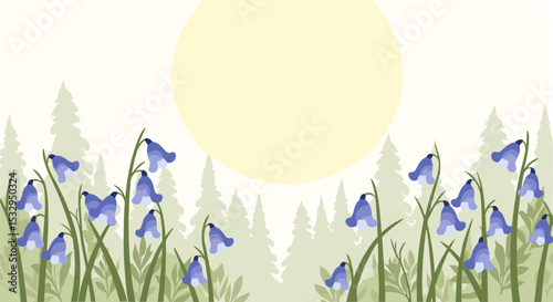 Bluebell flowers blooming under a bright sun in a forest background  