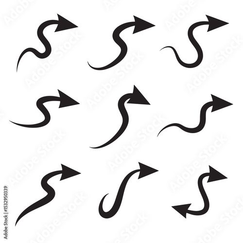 Dynamic black silhouette arrows pointing right in various curved and wavy directions on white background