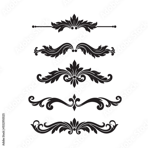 Elegant black silhouette decorative design elements for border frames and floral embellishments on white background