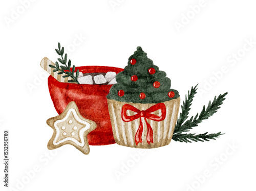 Festive holiday treats with cocoa and a decorated cupcake, Christmas clip art. Vector illustration