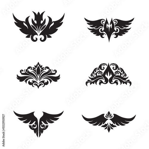 Elegant black silhouette ornamental design elements featuring wings and decorative floral motifs