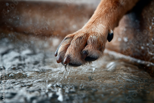 Close-up of a wet dog paw gently touching rippling water with droplets frozen in motion