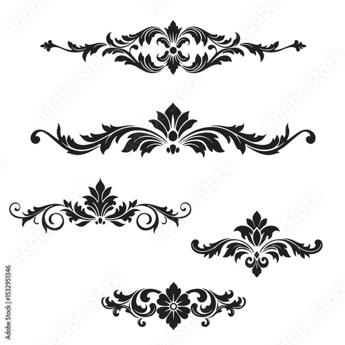 Elegant floral ornament silhouette vector designs for decorative borders and vintage flourishes