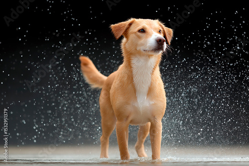 Wet dog standing confidently in water with droplets splashing around against dark background