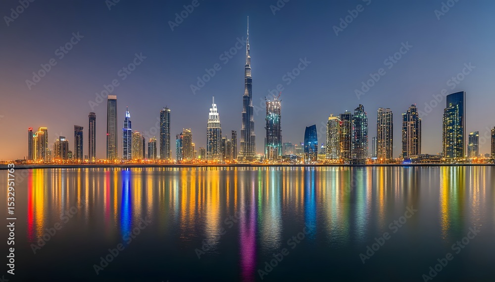 Obraz premium City skyline at dusk reflected in calm water.