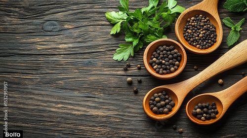 Wooden spoons with peppercorns and herbs on dark wood