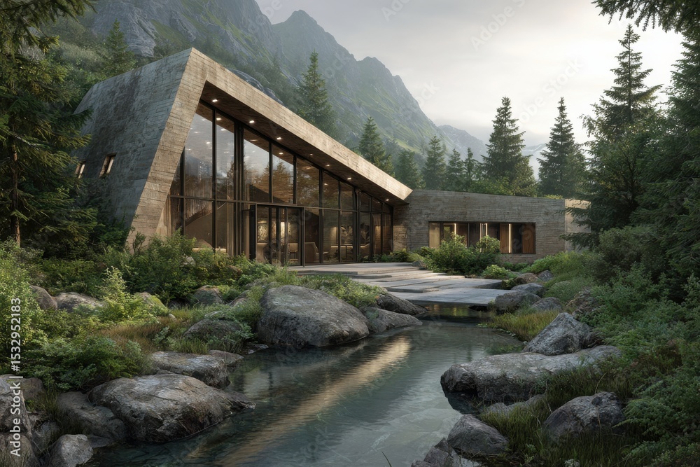 Fototapeta premium Modern Mountain House with Reflecting Pool and Lush Greenery