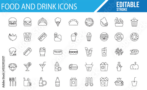 Collection of editable food and beverage icons for online menus, apps, and restaurants.