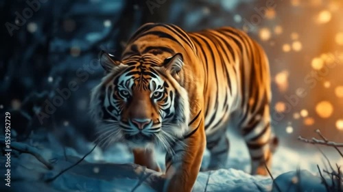 Majestic Bengal tiger walking through a snow-covered forest wilderness landscape