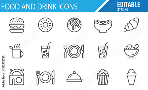 Line stroke icons representing popular food and drink items like burgers, ice cream, and pizza.