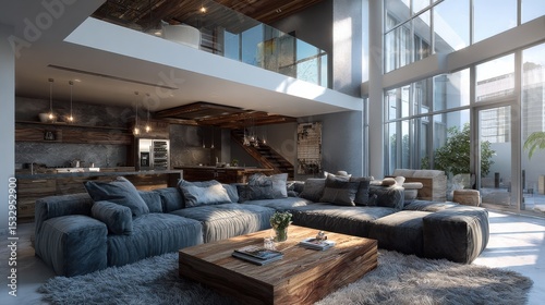Modern Open Plan Living Room with Stone Walls and Large Windows