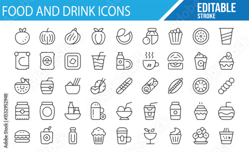 Editable food and drink icons featuring a variety of snacks, meals, and beverages.